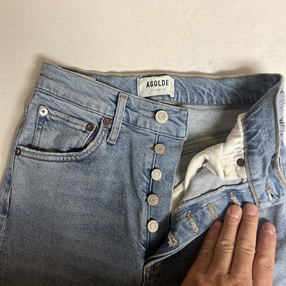 Agolde Jeans Women's 24 Blue Riley High Rise Straight Crop Raw Hems Button Fly